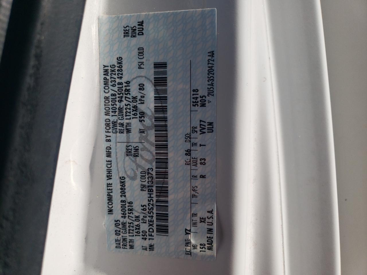 2005 Ford Econoline E450 Super Duty Cutaway Van VIN: 1FDXE45S25HB13373 Lot: 66511734