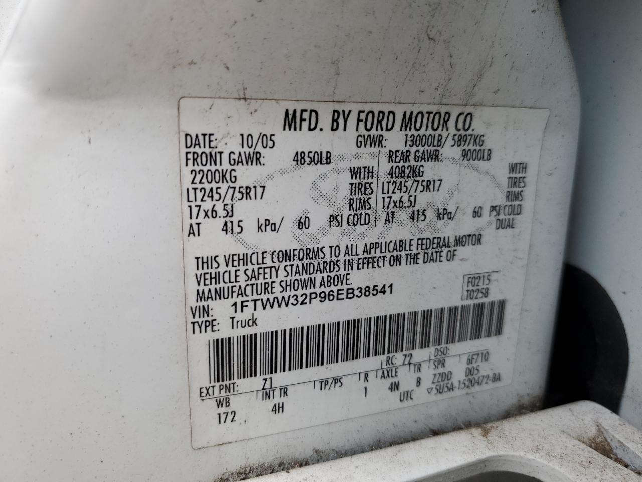 2006 Ford F350 Super Duty VIN: 1FTWW32P96EB38541 Lot: 68274144