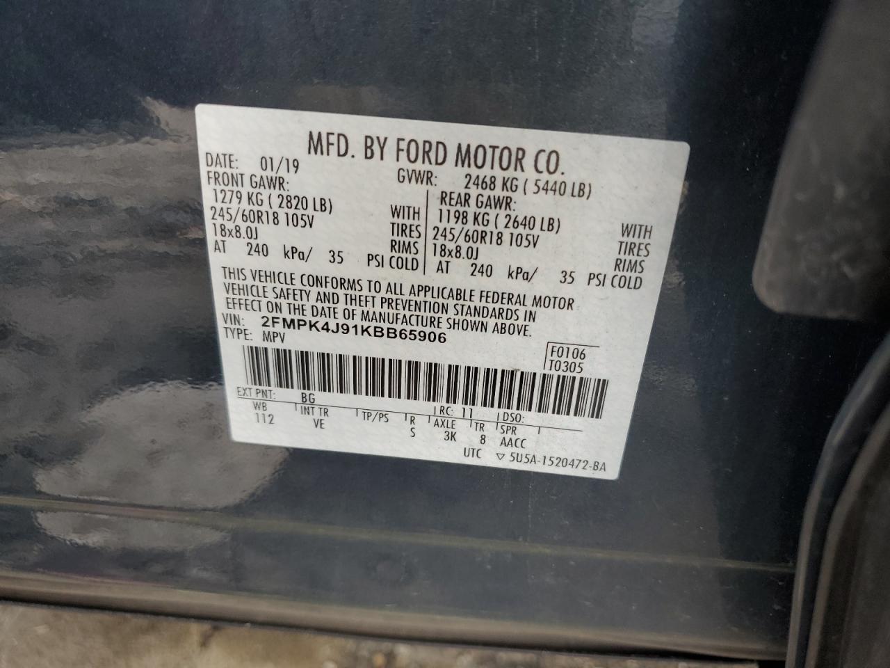 2019 Ford Edge Sel VIN: 2FMPK4J91KBB65906 Lot: 68328144