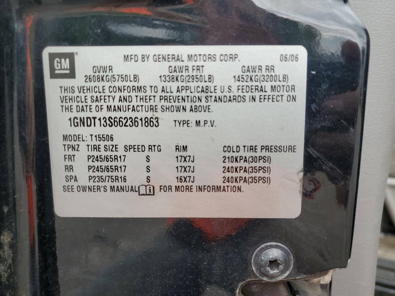 2006 Chevrolet Trailblazer Ls VIN: 1GNDT13S662361863 Lot: 66015284