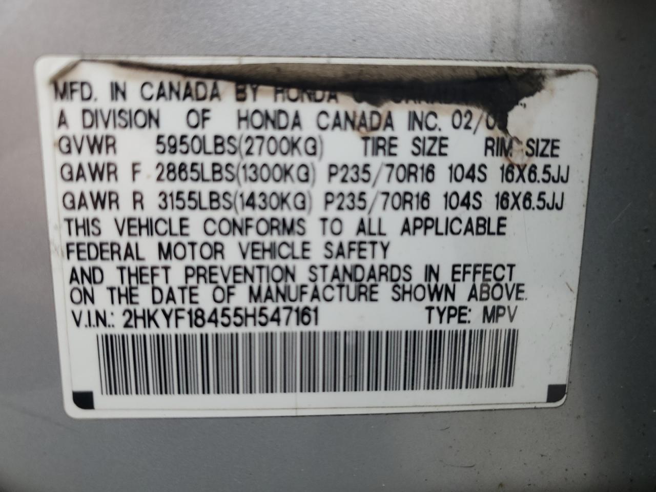 2005 Honda Pilot Ex VIN: 2HKYF18455H547161 Lot: 65724804