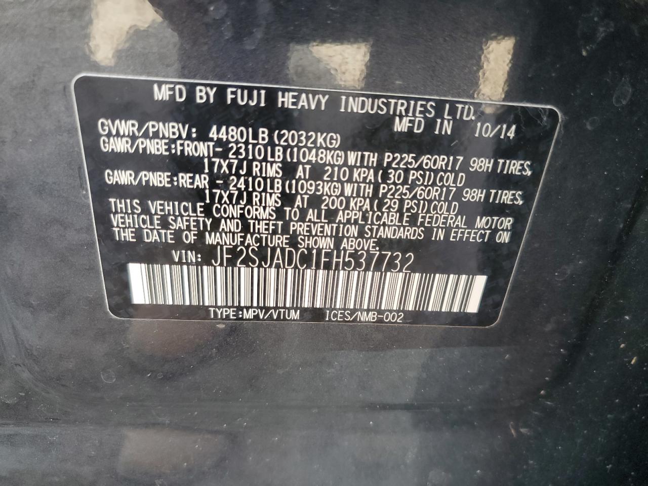 2015 Subaru Forester 2.5I Premium VIN: JF2SJADC1FH537732 Lot: 66837114