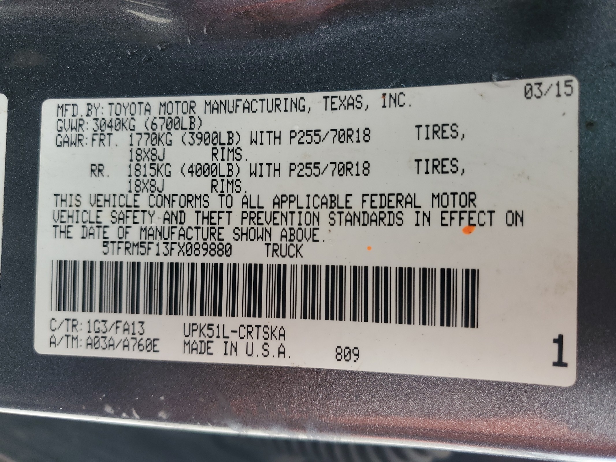 5TFRM5F13FX089880 2015 Toyota Tundra Double Cab Sr