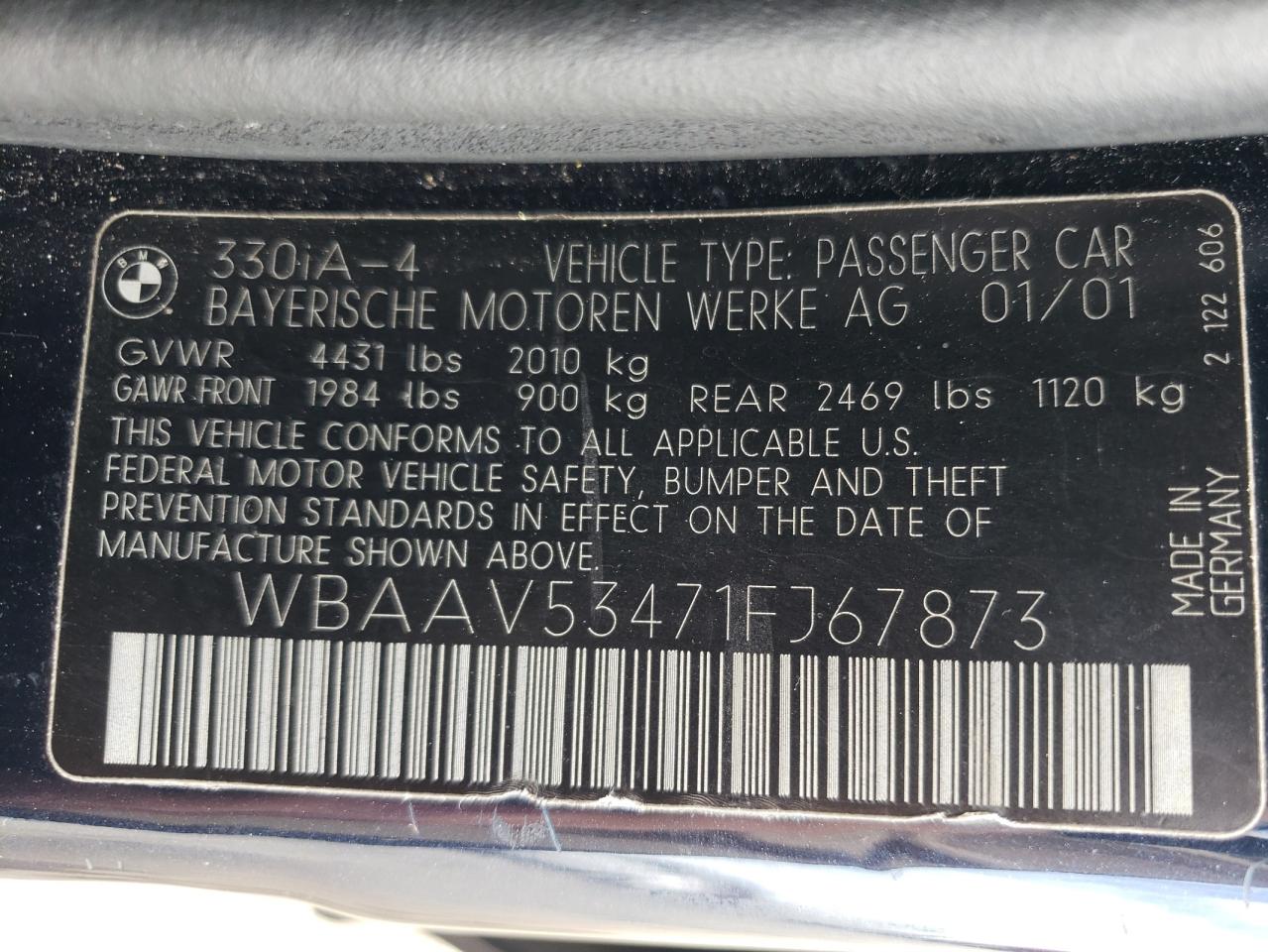 2001 BMW 330 I VIN: WBAAV53471FJ67873 Lot: 66674754