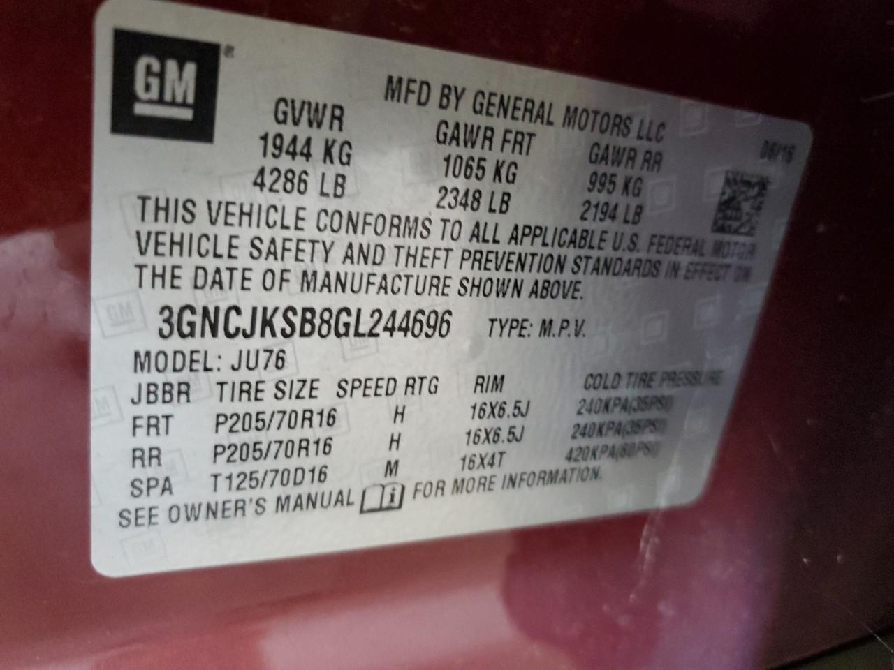 2016 Chevrolet Trax Ls VIN: 3GNCJKSB8GL244696 Lot: 68991644