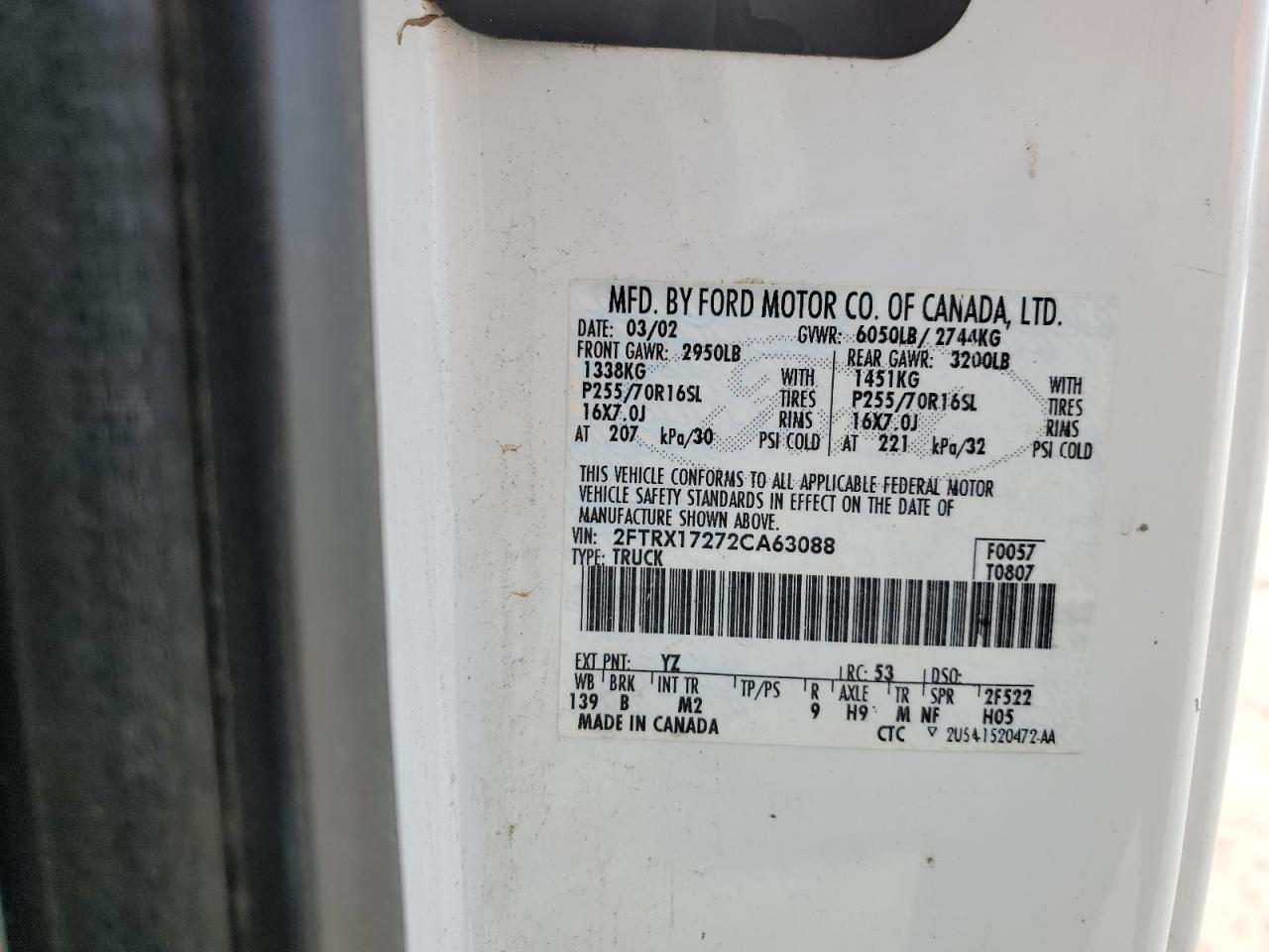 2002 Ford F150 VIN: 2FTRX17272CA63088 Lot: 65926884