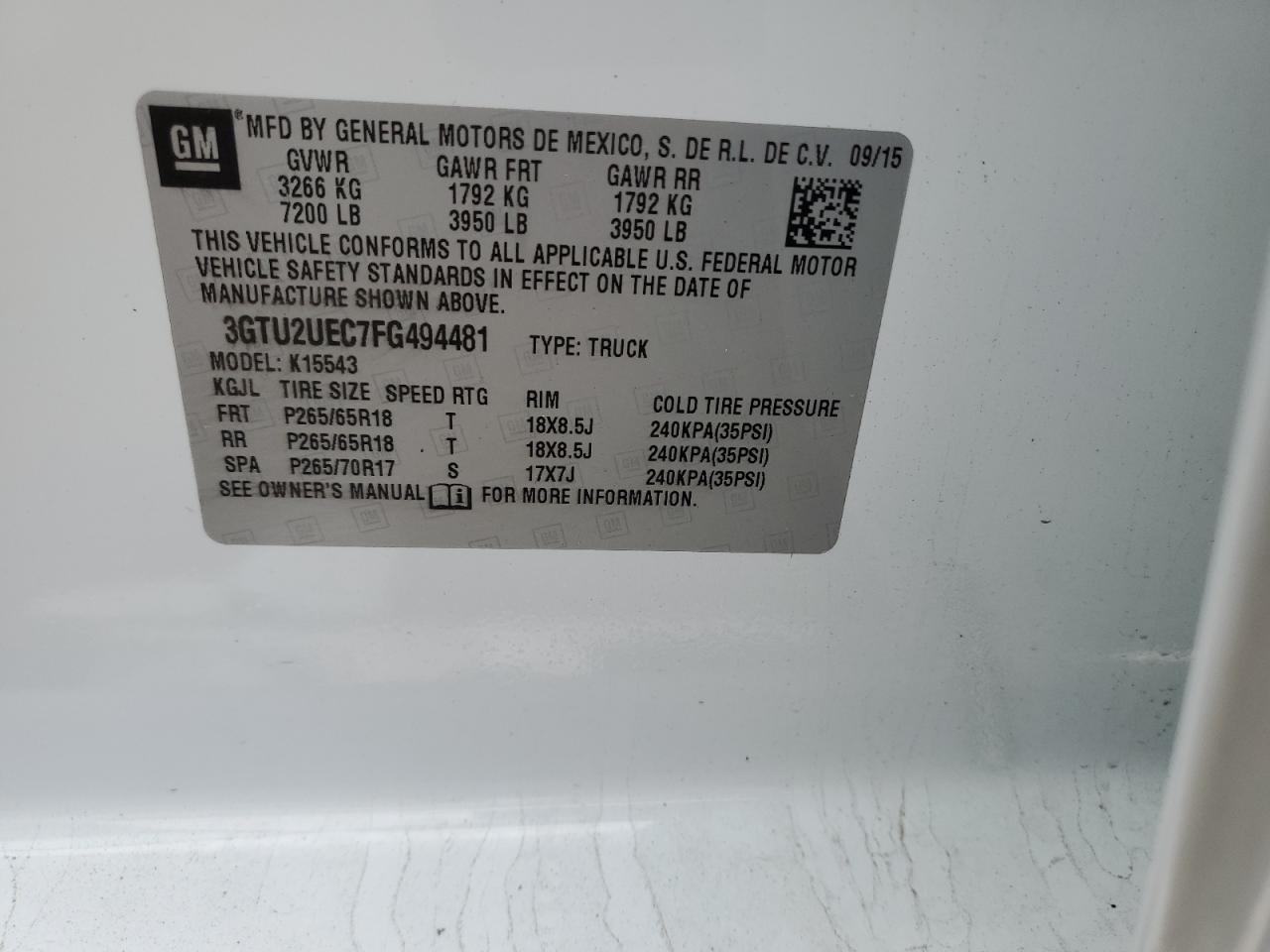 3GTU2UEC7FG494481 2015 GMC Sierra K1500 Sle