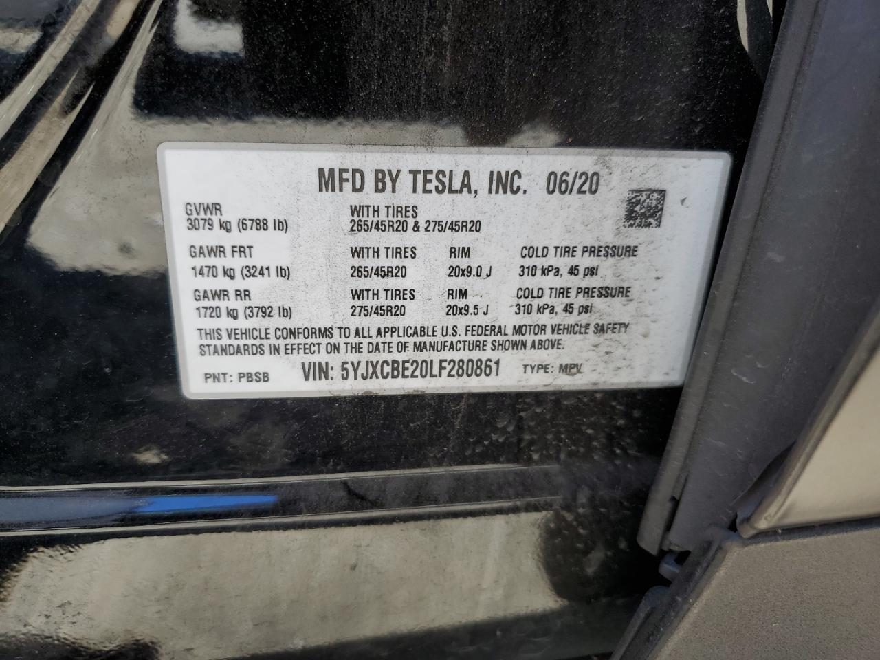 2020 Tesla Model X VIN: 5YJXCBE20LF280861 Lot: 66771424