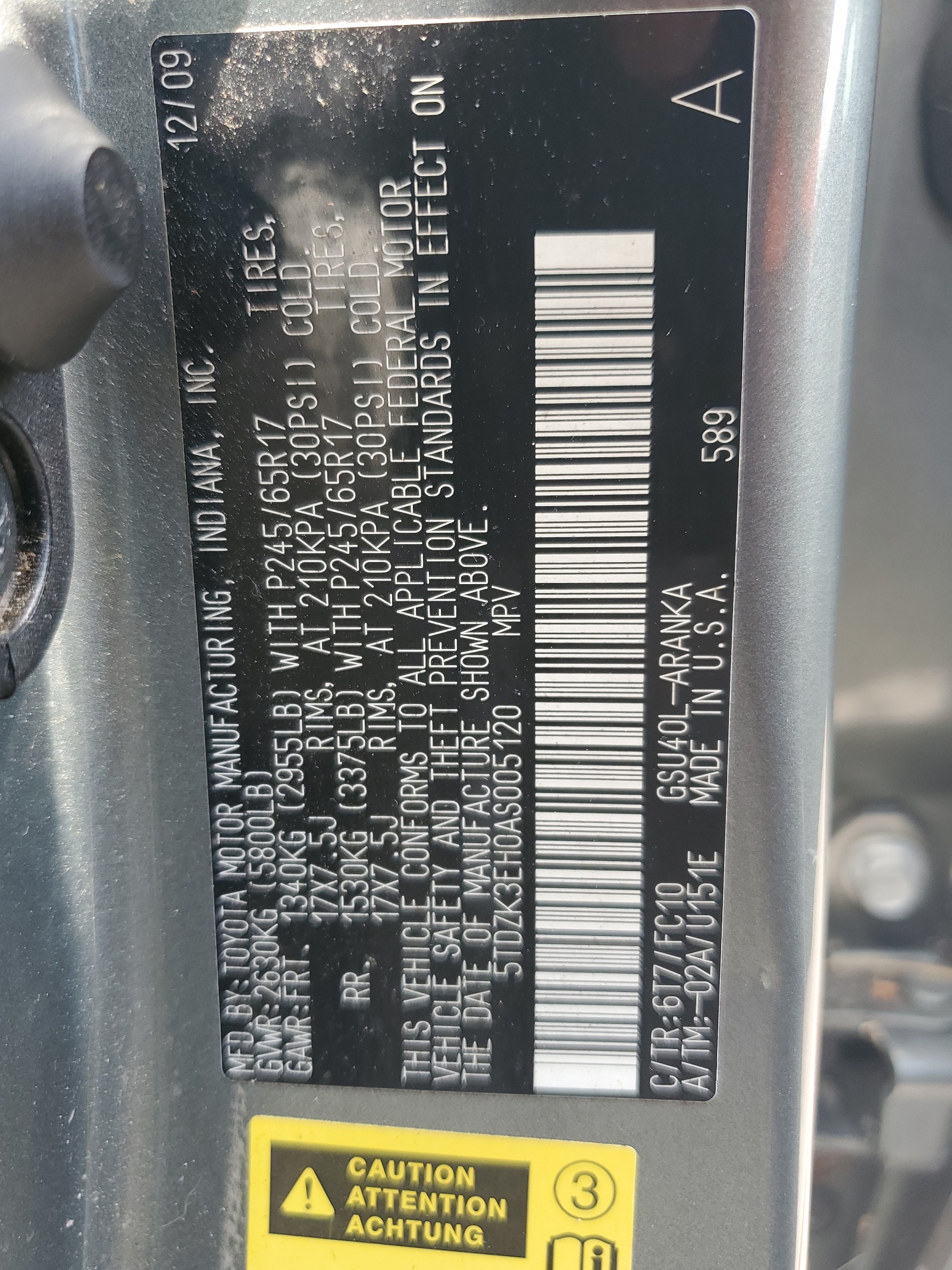 5TDZK3EH0AS005120 2010 Toyota Highlander