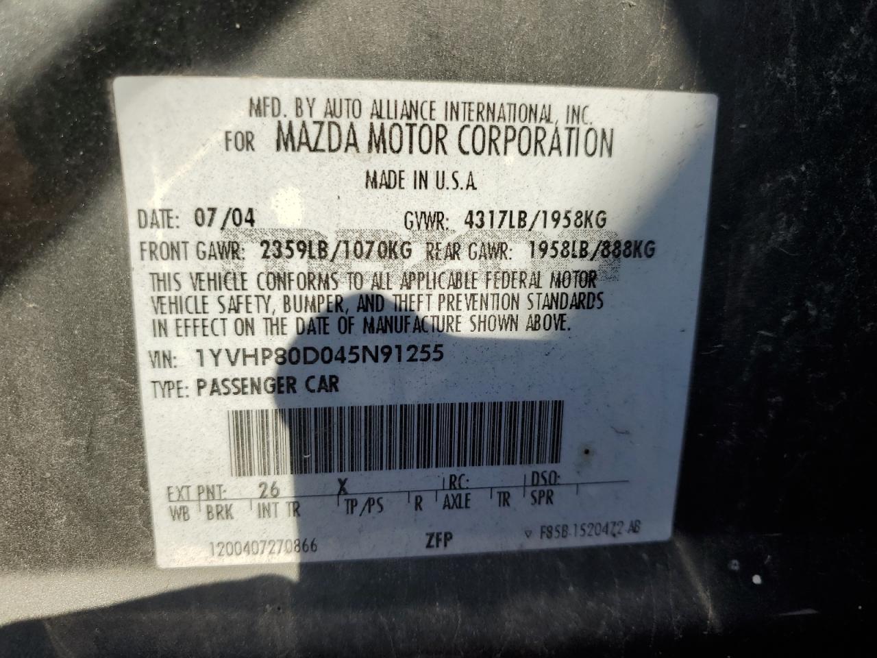 1YVHP80D045N91255 2004 Mazda 6 S