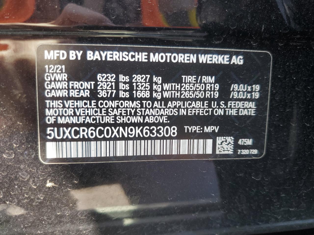 2022 BMW X5 xDrive40I VIN: 5UXCR6C0XN9K63308 Lot: 68624614