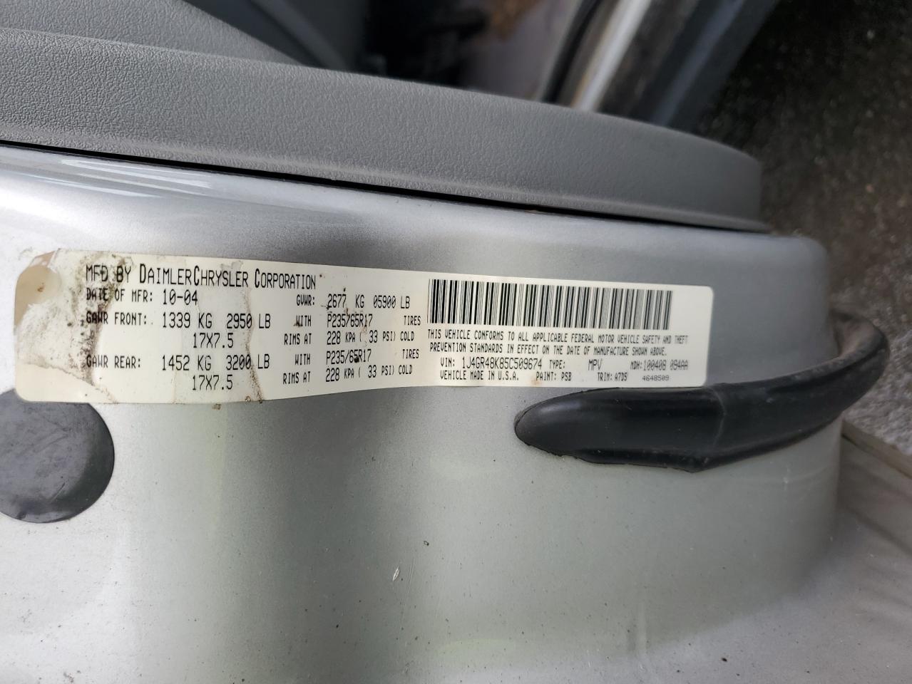 2005 Jeep Grand Cherokee Laredo VIN: 1J4GR48K85C509674 Lot: 66732864