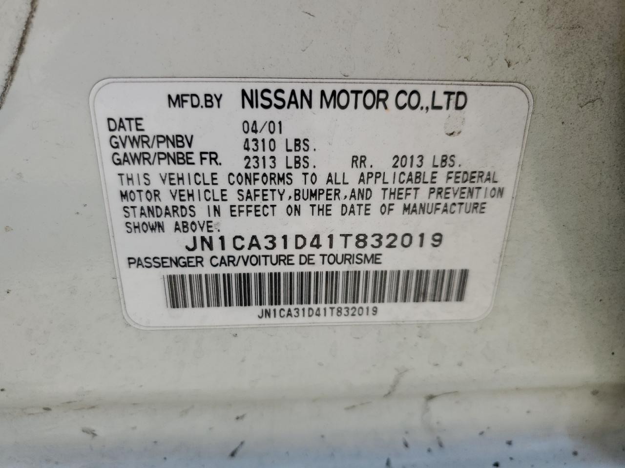 JN1CA31D41T832019 2001 Nissan Maxima Gxe