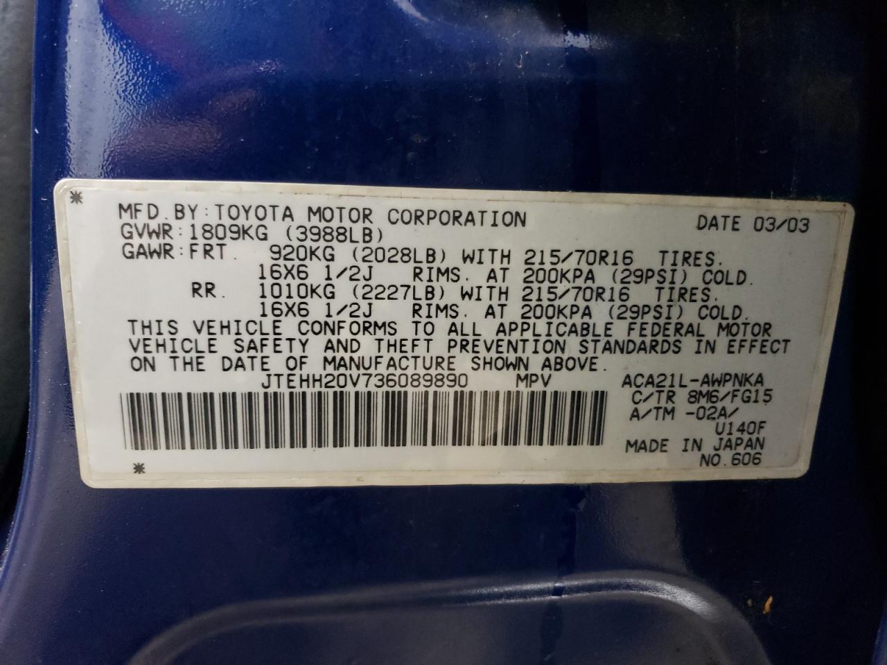 2003 Toyota Rav4 VIN: JTEHH20V736089890 Lot: 65709184