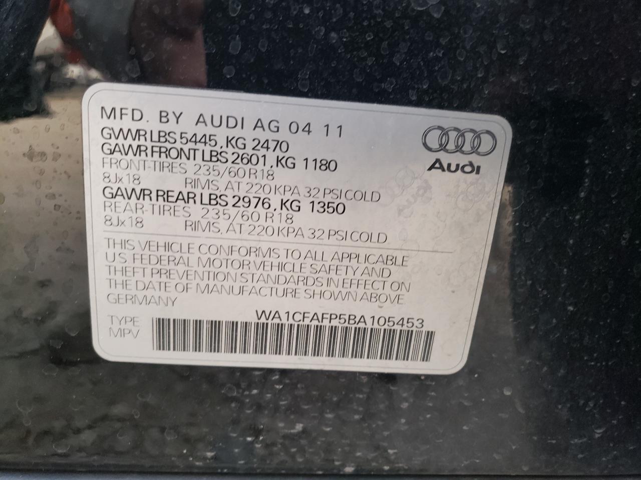 2011 Audi Q5 Premium VIN: WA1CFAFP5BA105453 Lot: 66356444