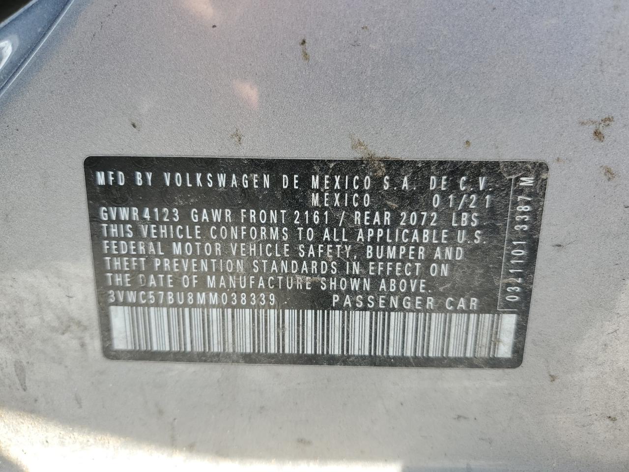 2021 Volkswagen Jetta S VIN: 3VWC57BU8MM038339 Lot: 66026154