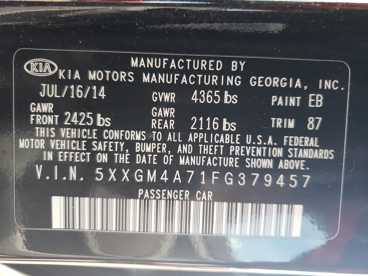 5XXGM4A71FG379457 2015 Kia Optima Lx