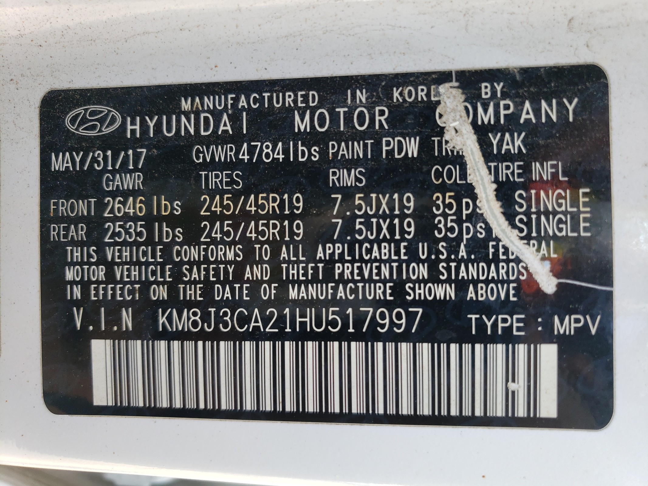 KM8J3CA21HU517997 2017 Hyundai Tucson Limited