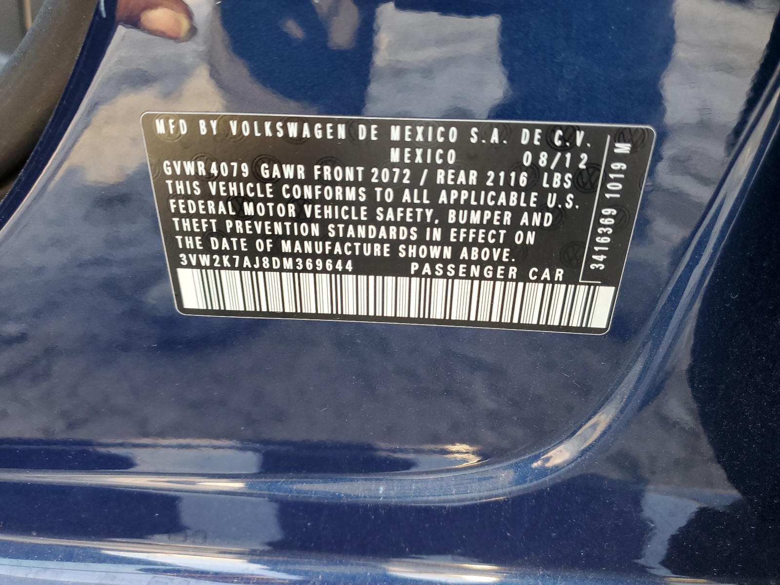 2013 Volkswagen Jetta Base vin: 3VW2K7AJ8DM369644