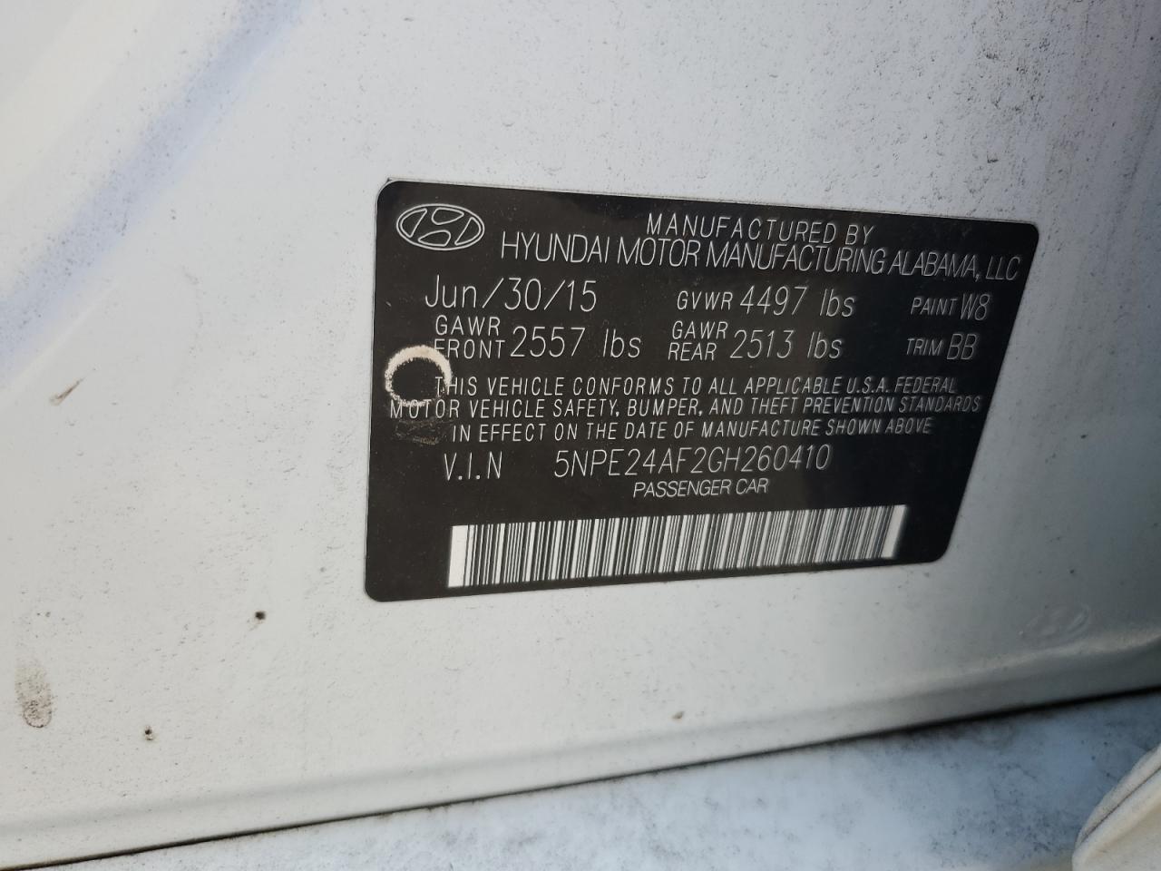 2016 Hyundai Sonata Se VIN: 5NPE24AF2GH260410 Lot: 65227114