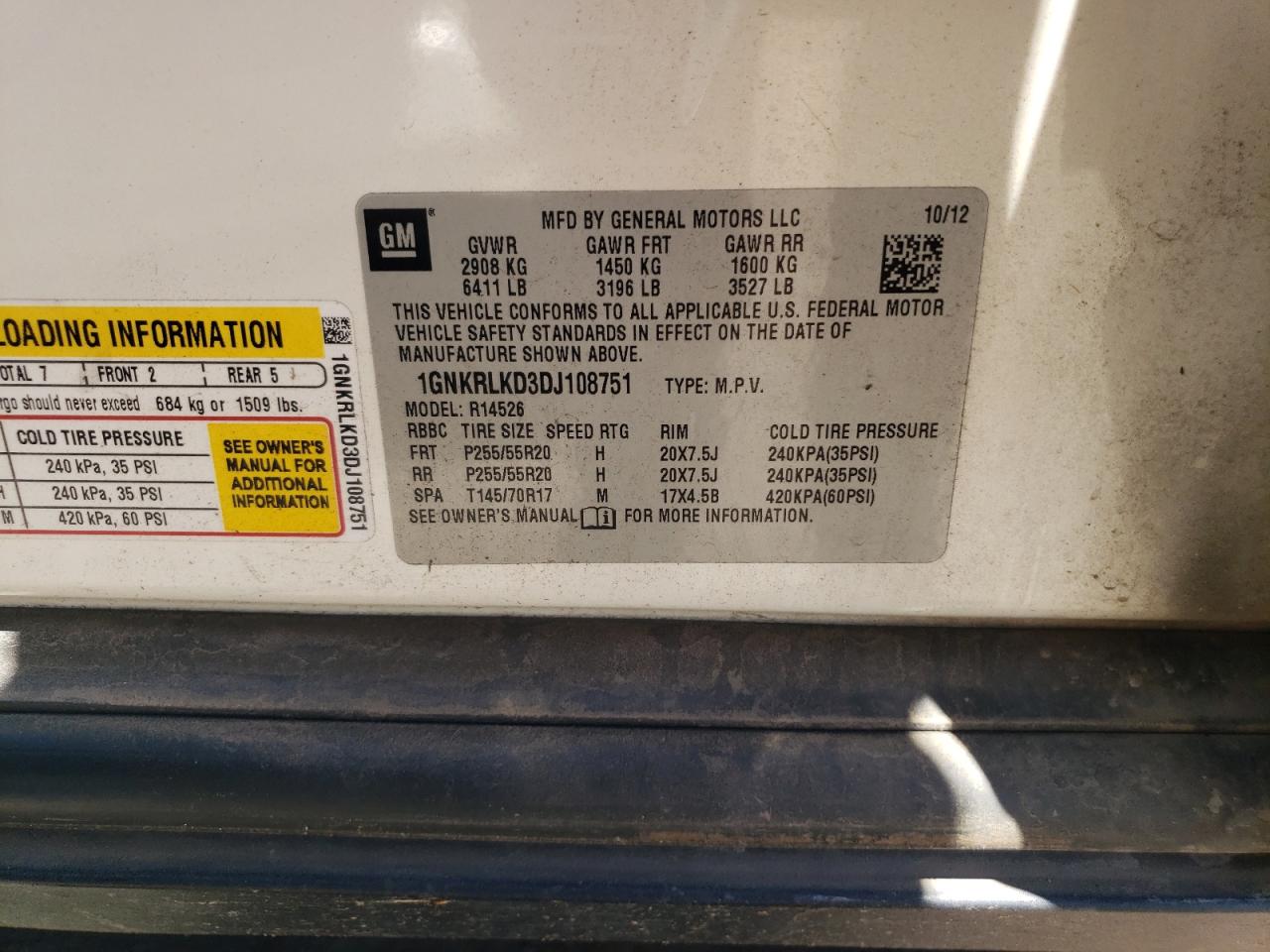 2013 Chevrolet Traverse Ltz VIN: 1GNKRLKD3DJ108751 Lot: 67969584