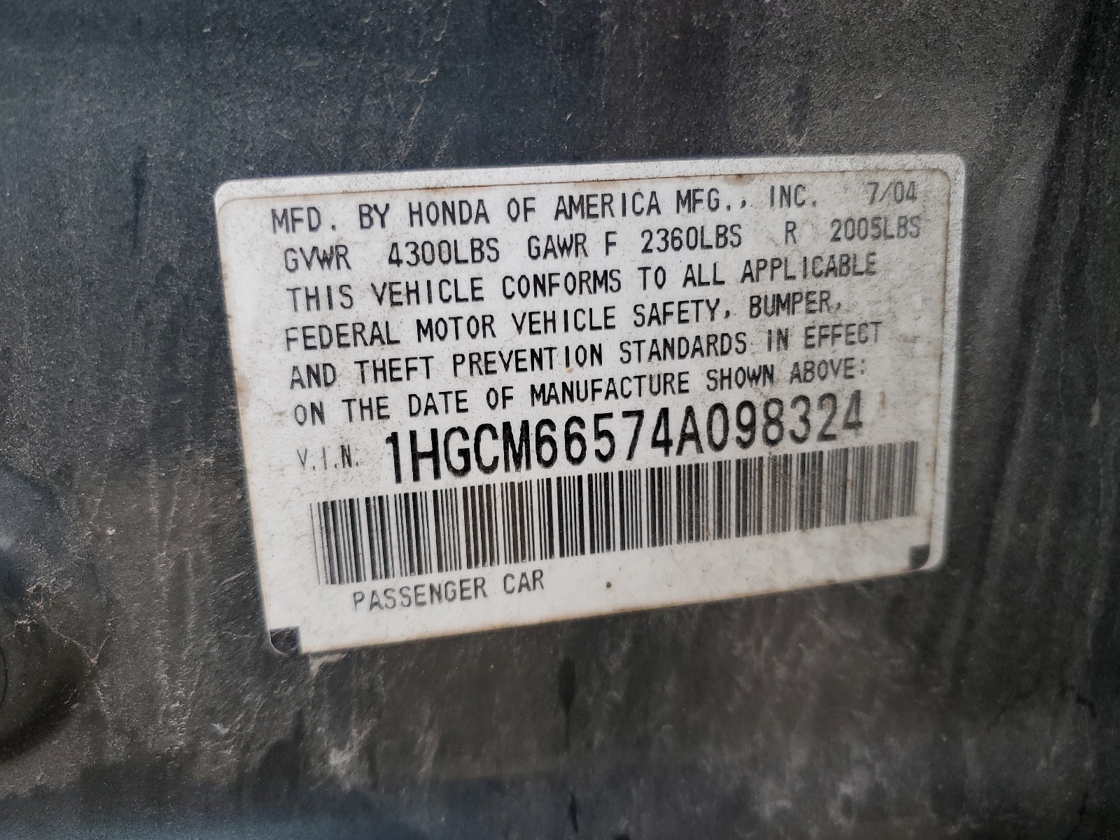 1HGCM66574A098324 2004 Honda Accord Ex