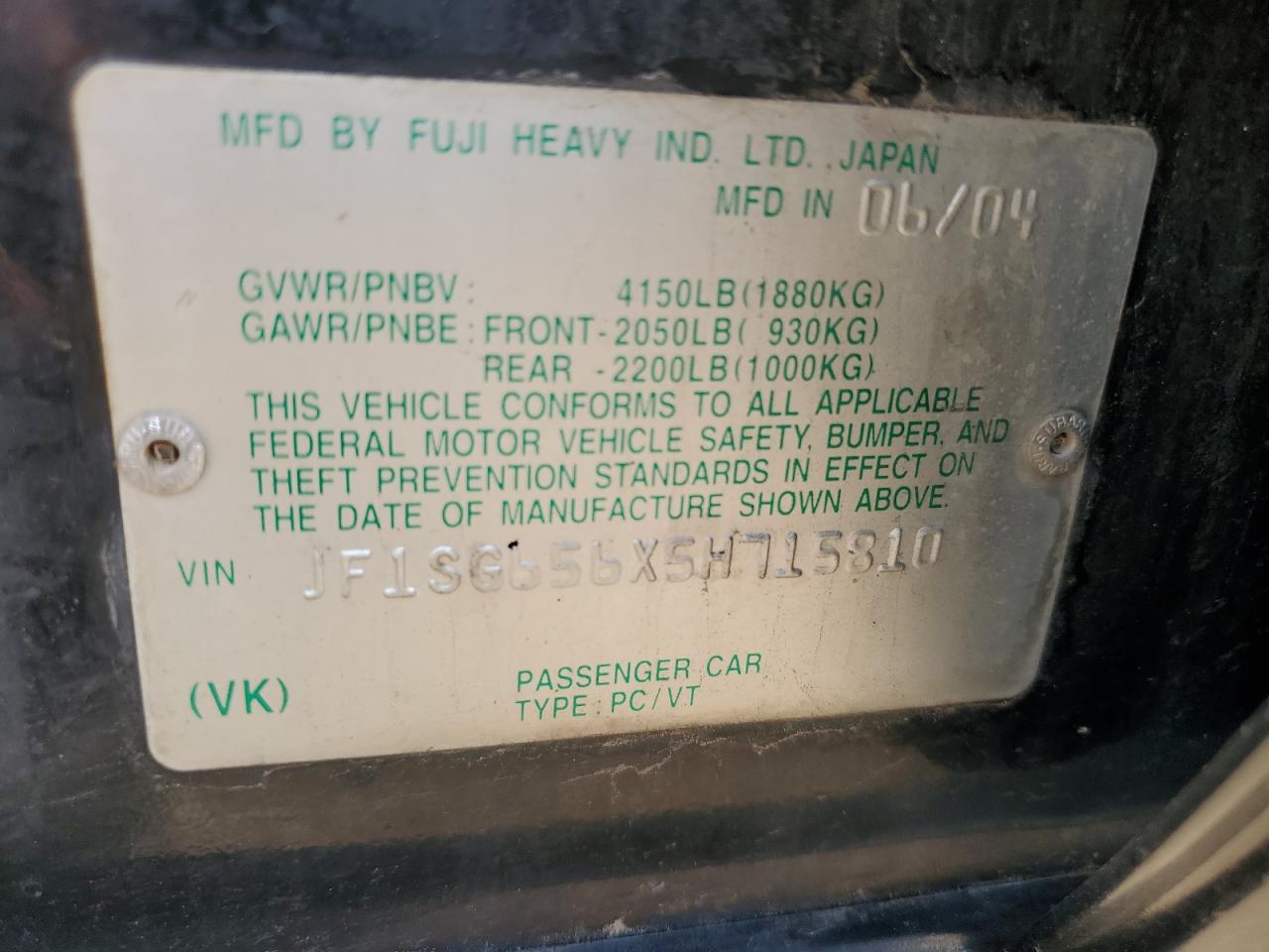 2005 Subaru Forester 2.5Xs VIN: JF1SG656X5H715810 Lot: 66223254