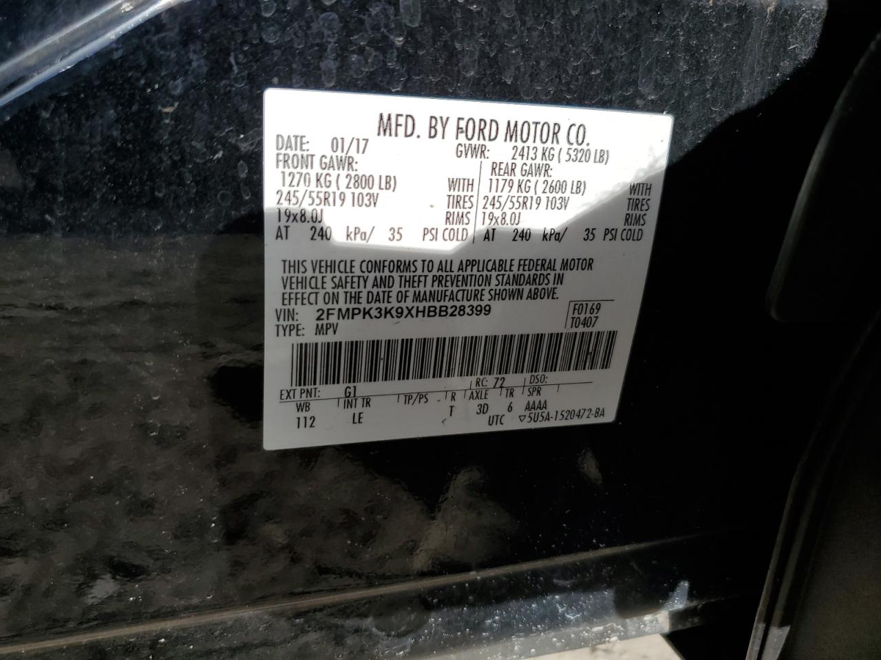 2017 Ford Edge Titanium VIN: 2FMPK3K9XHBB28399 Lot: 67185194