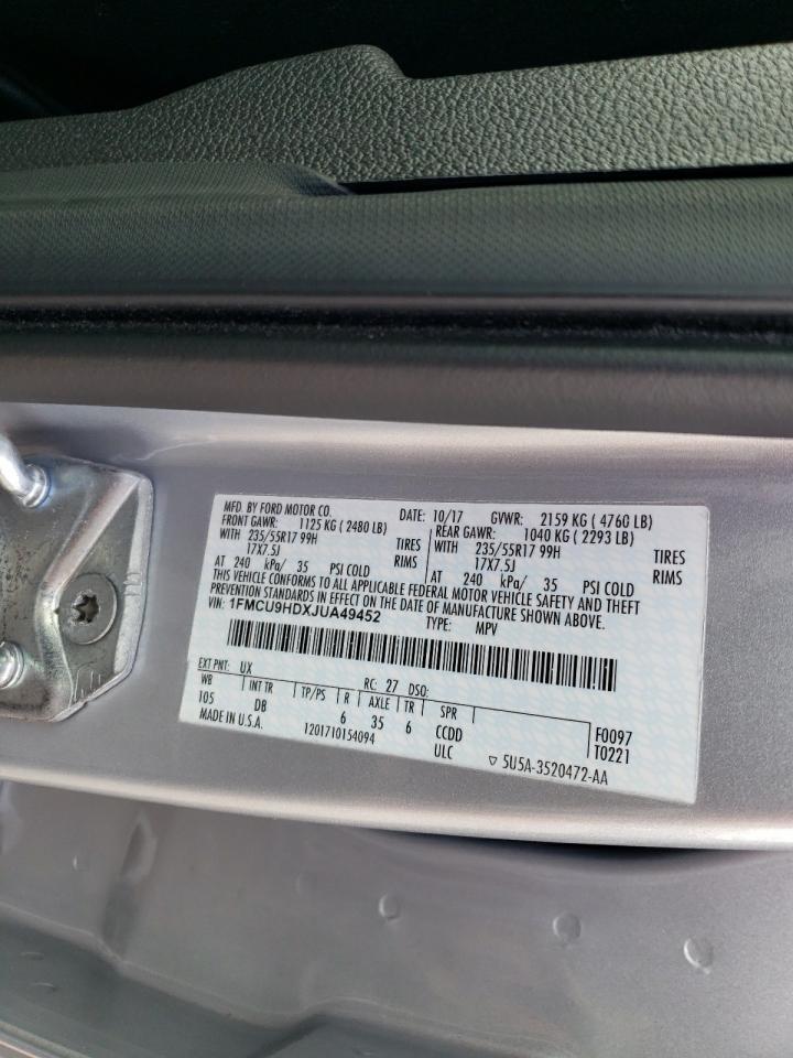 2018 Ford Escape Sel VIN: 1FMCU9HDXJUA49452 Lot: 67828604