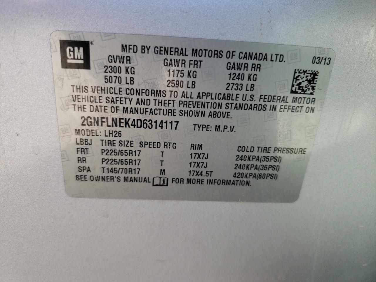 2GNFLNEK4D6314117 2013 Chevrolet Equinox Lt