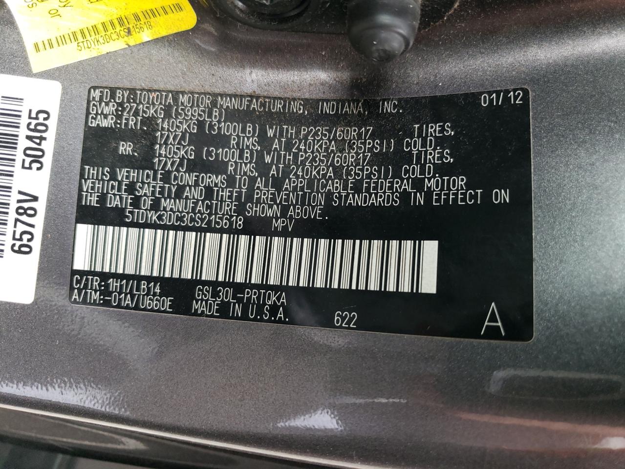 5TDYK3DC3CS215618 2012 Toyota Sienna Xle