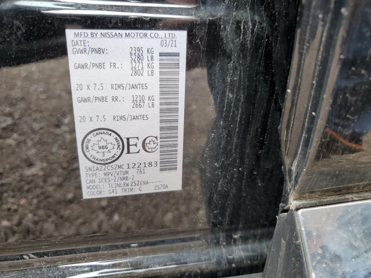 2021 Nissan Murano Sl VIN: 5N1AZ2CS2MC122183 Lot: 65125624