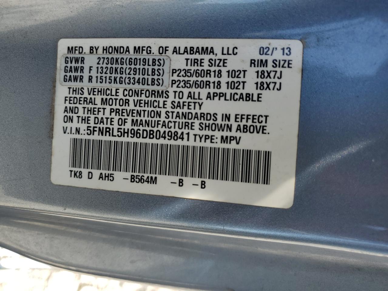 2013 Honda Odyssey Touring VIN: 5FNRL5H96DB049841 Lot: 67087154