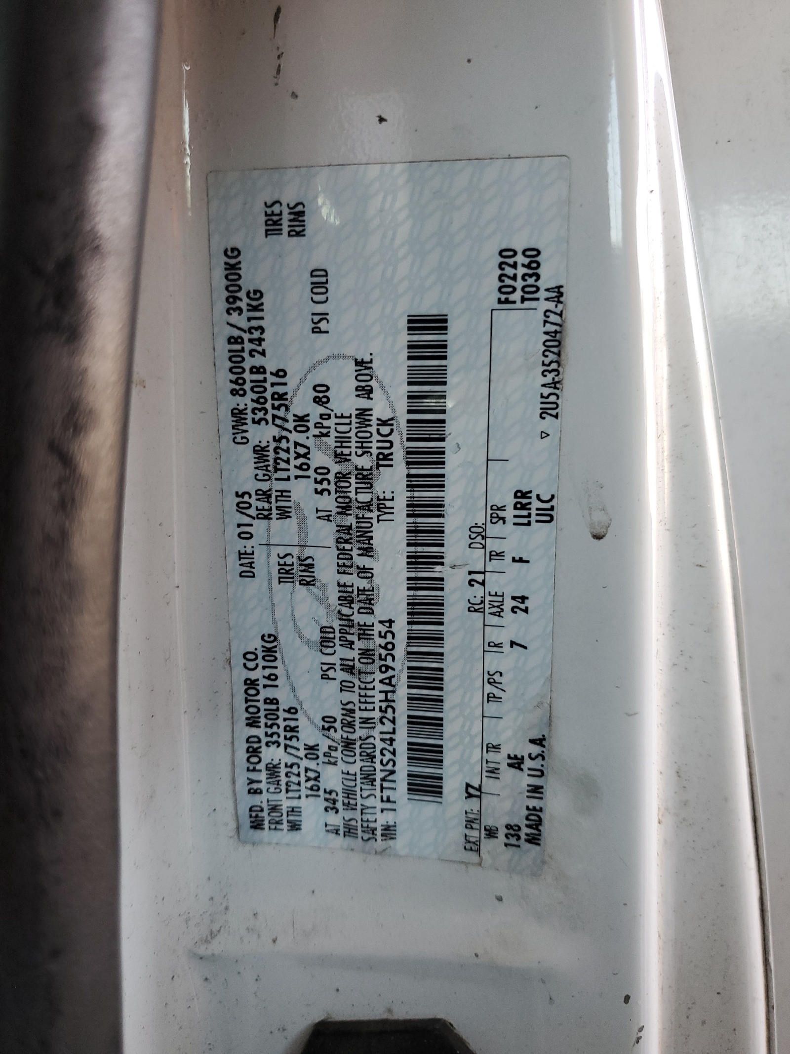 1FTNS24L25HA95654 2005 Ford Econoline E250 Van