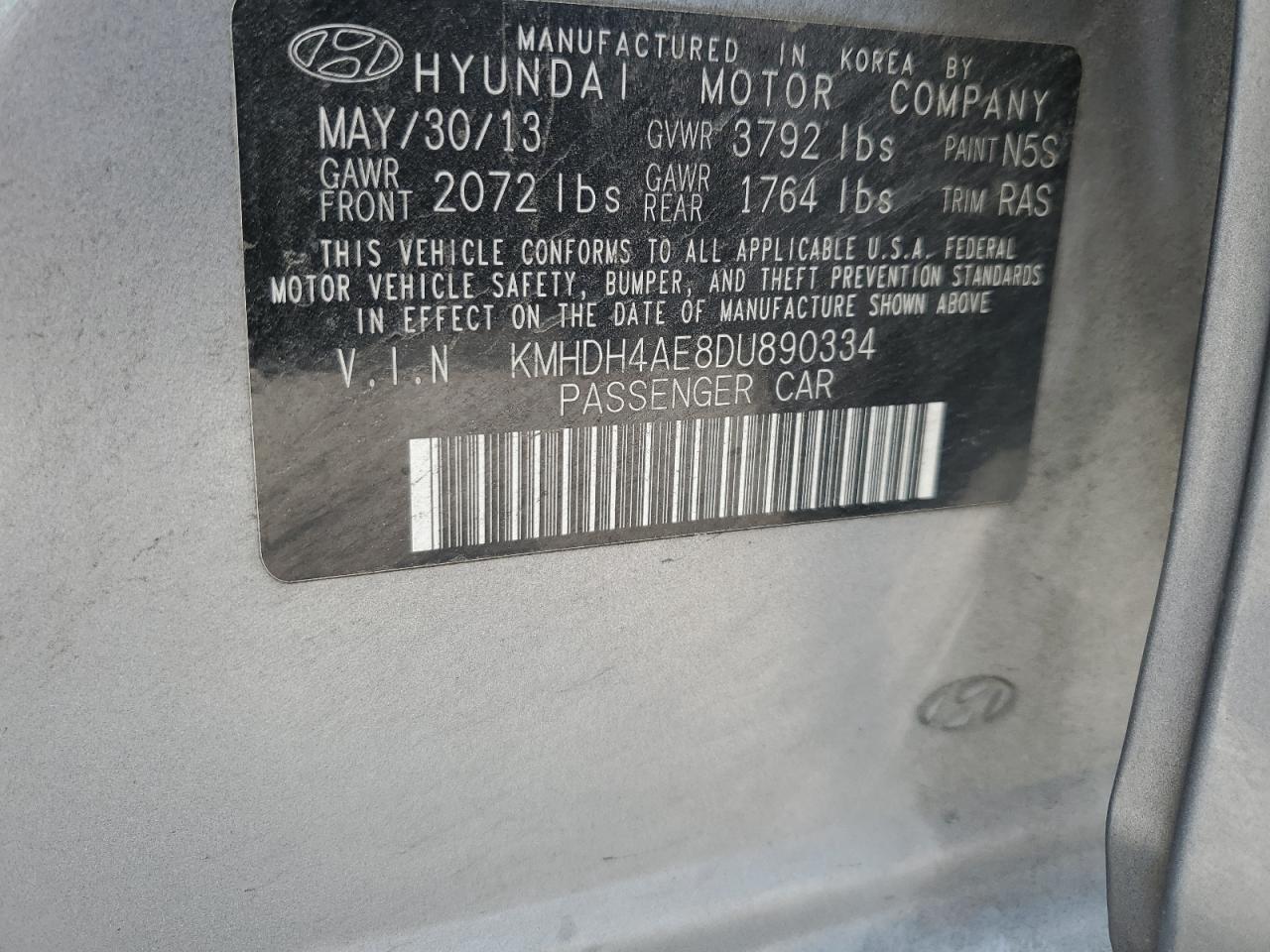 KMHDH4AE8DU890334 2013 Hyundai Elantra Gls