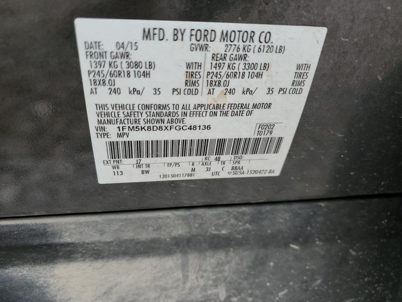 2015 Ford Explorer Xlt VIN: 1FM5K8D8XFGC48136 Lot: 67450484