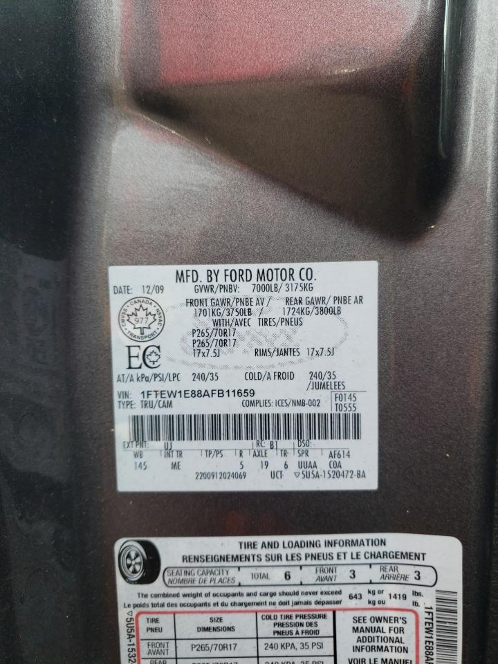 2010 Ford F150 Supercrew VIN: 1FTEW1E88AFB11659 Lot: 69425404