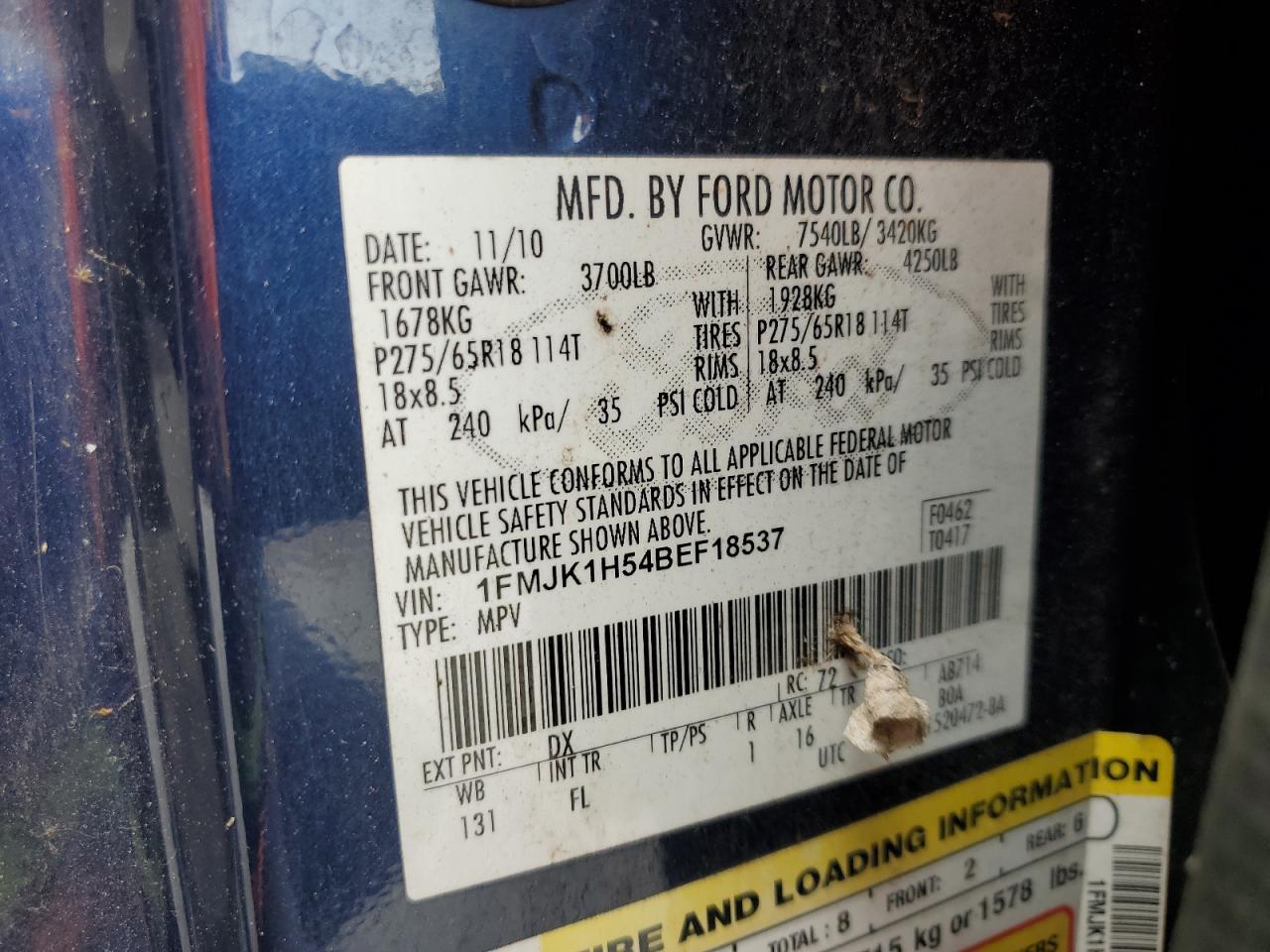 2011 Ford Expedition El Xlt VIN: 1FMJK1H54BEF18537 Lot: 65668114