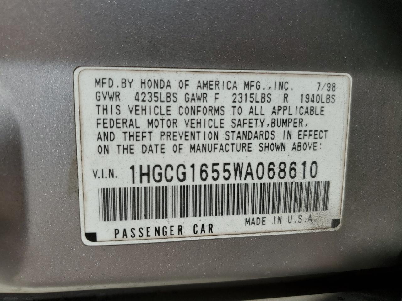 1HGCG1655WA068610 1998 Honda Accord Ex