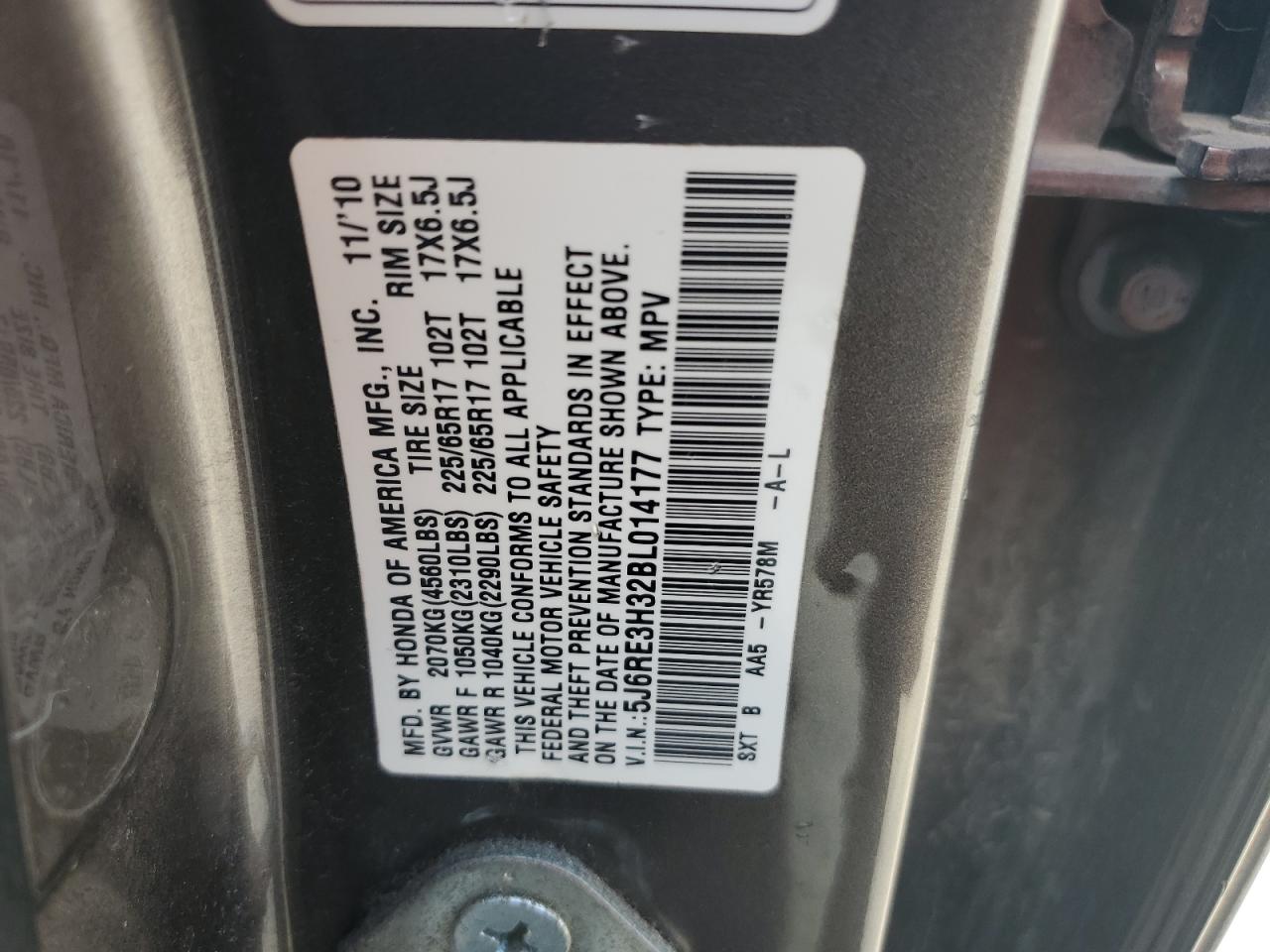 2011 Honda Cr-V Lx VIN: 5J6RE3H32BL014177 Lot: 67041674