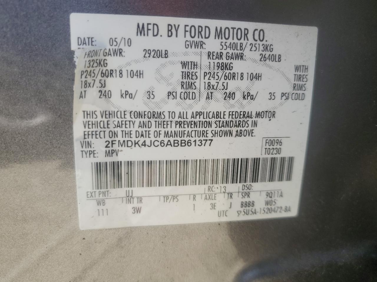 2FMDK4JC6ABB61377 2010 Ford Edge Sel