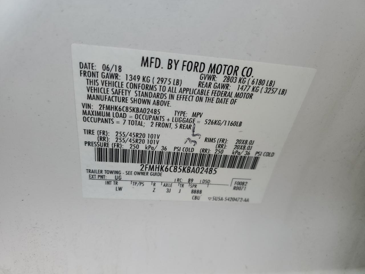 2019 Ford Flex Sel VIN: 2FMHK6C85KBA02485 Lot: 66555664