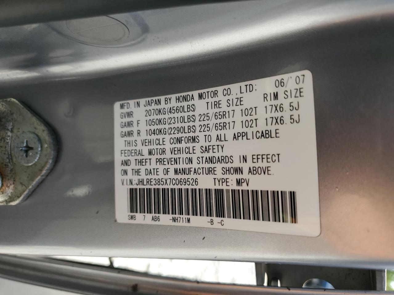 2007 Honda Cr-V Ex VIN: JHLRE385X7C069526 Lot: 56273845