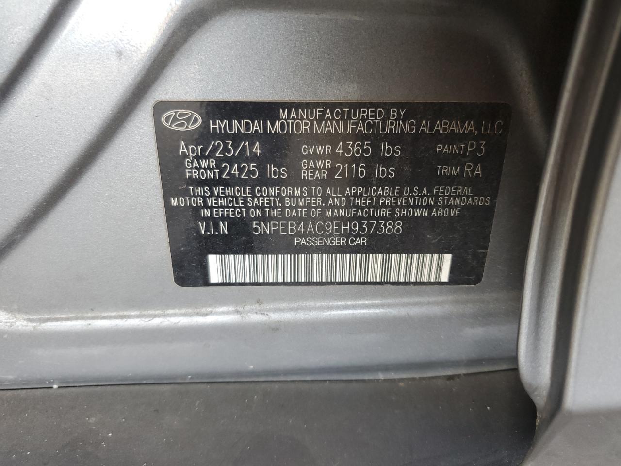 5NPEB4AC9EH937388 2014 Hyundai Sonata Gls