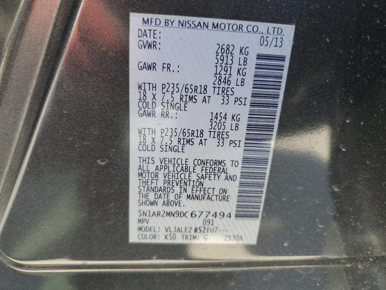 2013 Nissan Pathfinder S VIN: 5N1AR2MN9DC677494 Lot: 68573884