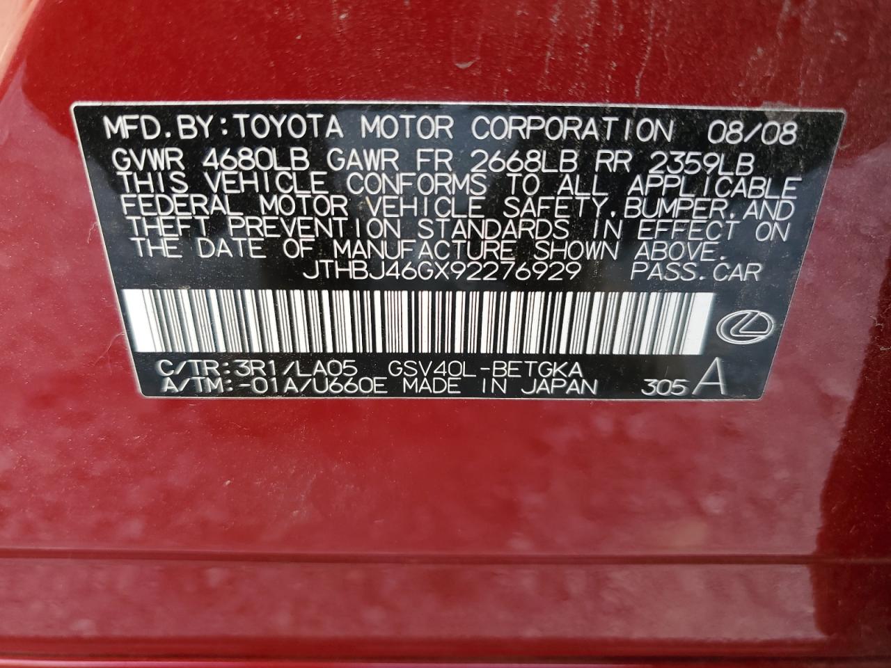 2009 Lexus Es 350 VIN: JTHBJ46GX92276929 Lot: 65009264