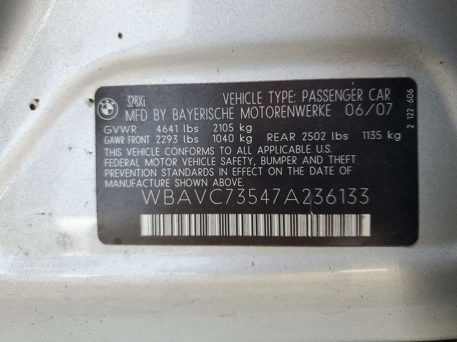 WBAVC73547A236133 2007 BMW 328 Xi Sulev