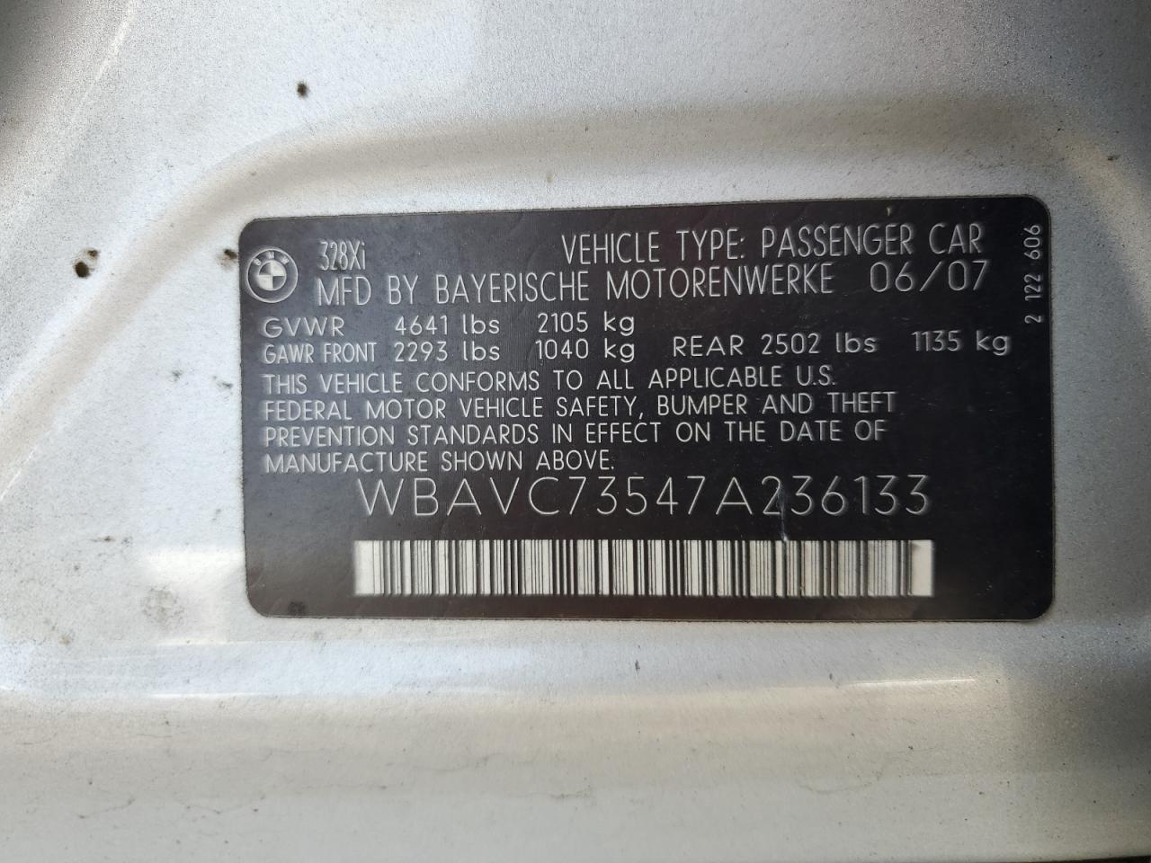 2007 BMW 328 Xi Sulev VIN: WBAVC73547A236133 Lot: 67464954