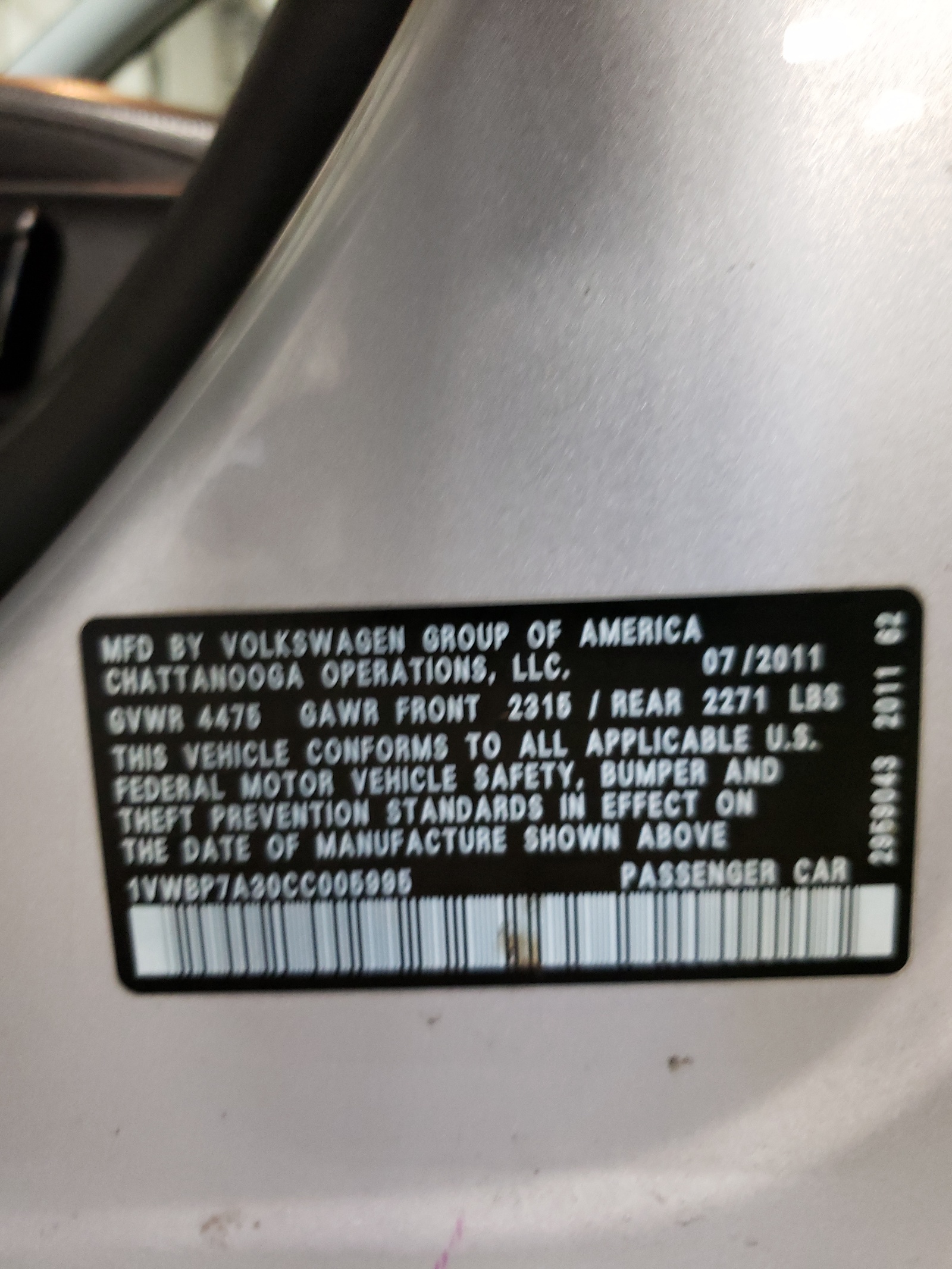 1VWBP7A30CC005995 2012 Volkswagen Passat Se