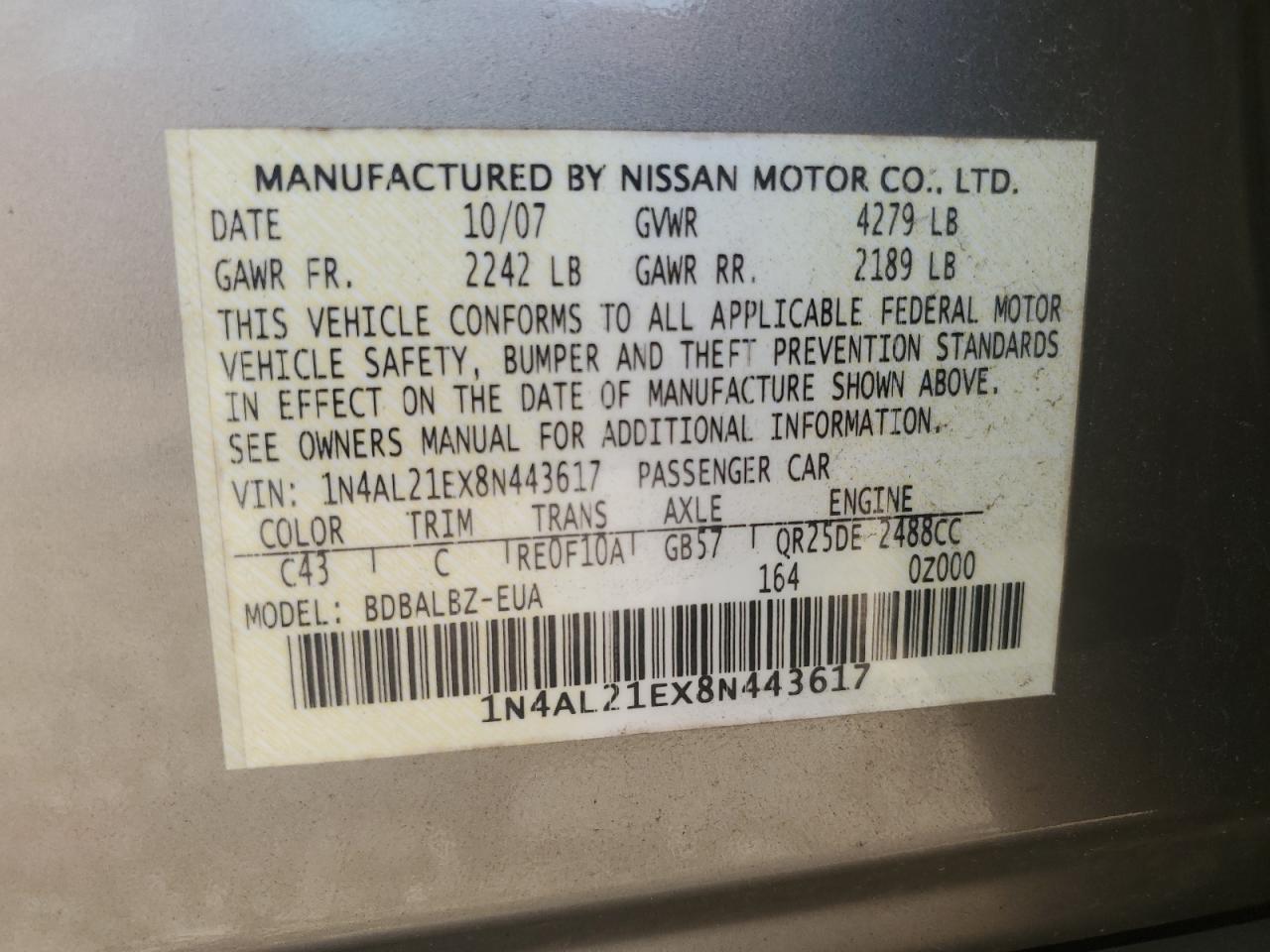 1N4AL21EX8N443617 2008 Nissan Altima 2.5